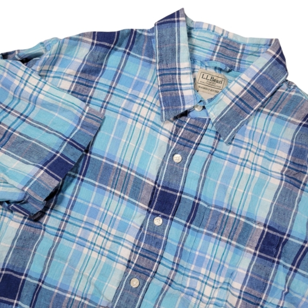 LL Bean‎ Linen Shirt Mens XL Blue Plaid Slightly Fitted Button Up Short Sleeve